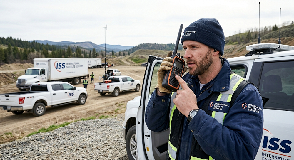 A worker in a safety vest stands next to an "ISS INTERNATIONAL SATELLITE SERVICES" truck, using a handheld satellite radio. In the background, a fleet of ISS-branded trucks and other workers are deployed across a remote mountain work site